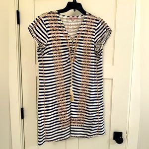 Super cute cream and navy blue stripes with gold embroidery.  Size M